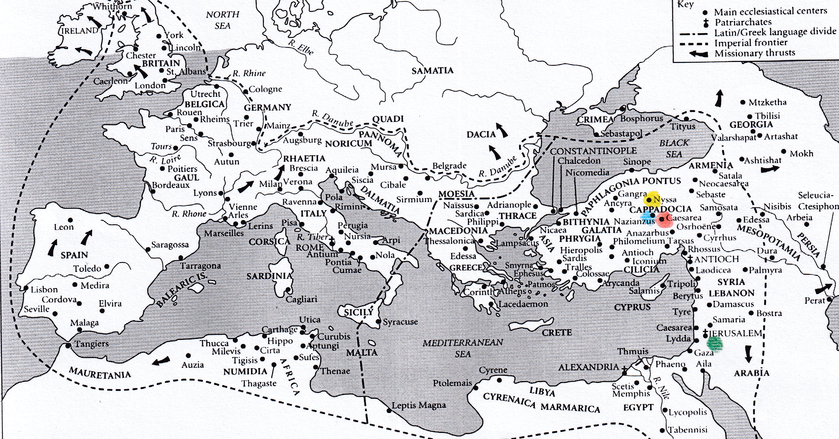 mapa: Vasil z kappadock Czareje, eho z Nazinzu, eho z Nyssy, Jeronm